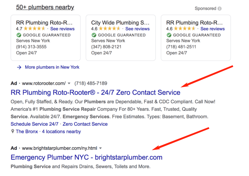 Ads for plumbers on Google SERP