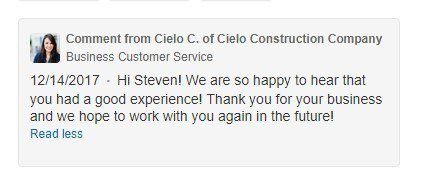 company response to client comment on yelp