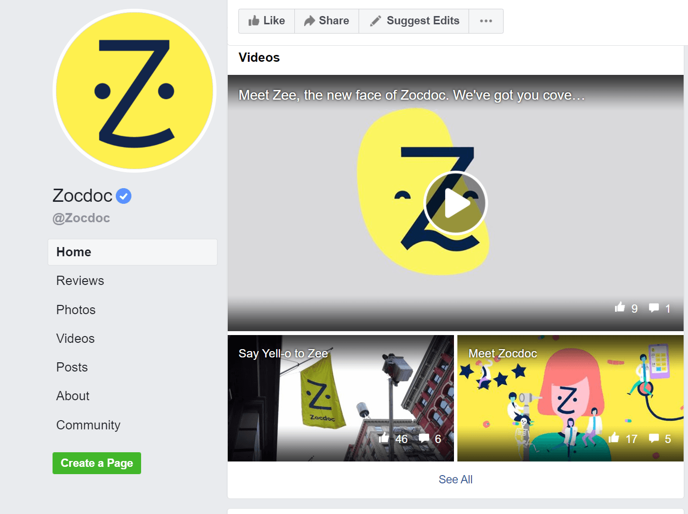 Social media for dentist marketing ideas: A Facebook page screenshot for Zocdoc