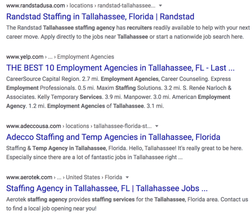 Organic search results for recruiting companies in Tallahassee