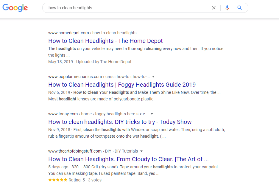 Google organic search results for how to clean headlights
