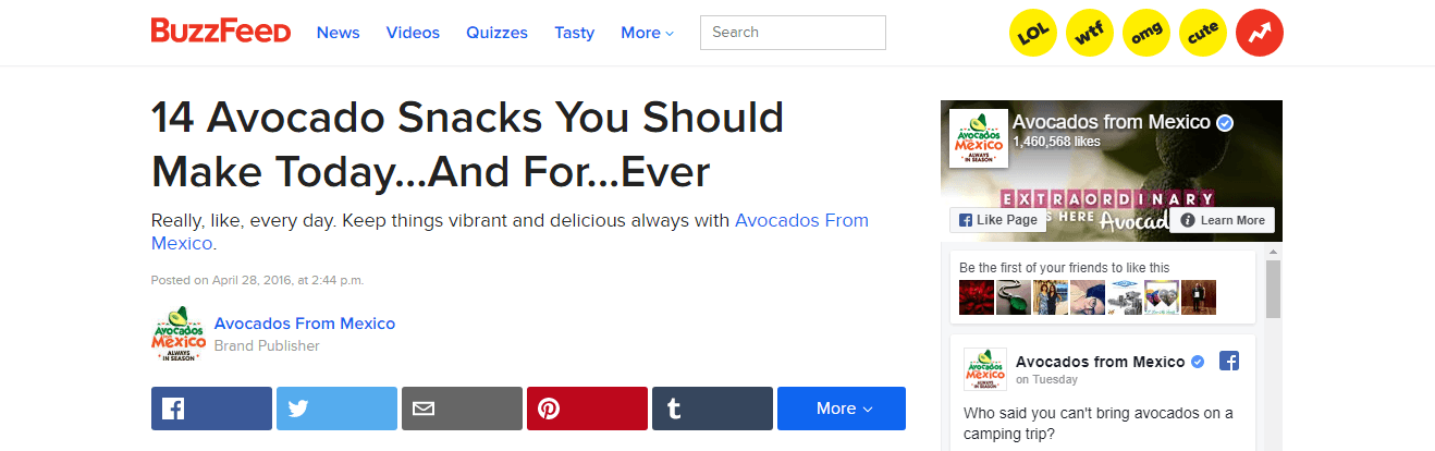 Buzzfeed native ad for Advocados from Mexico