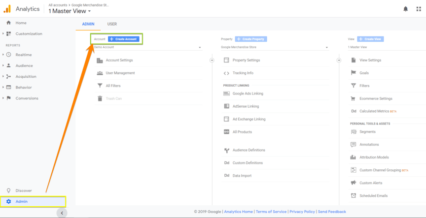 A screenshot of how to create an account in Google Analytics