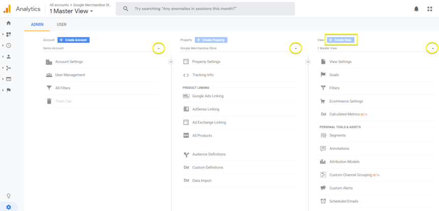 A screenshot of how to add and modify a reporting view in Google Analytics