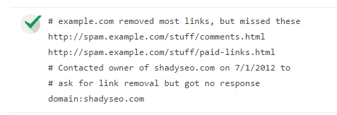 A sample disavow file from Google