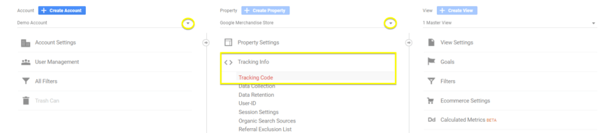A screenshot of how to find your Google Analytics tracking code ID