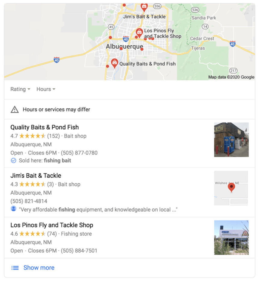 local search results on Google for fishing bait