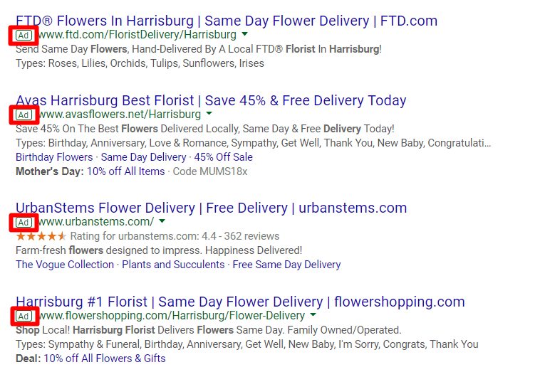 screenshot of flower delivery ad