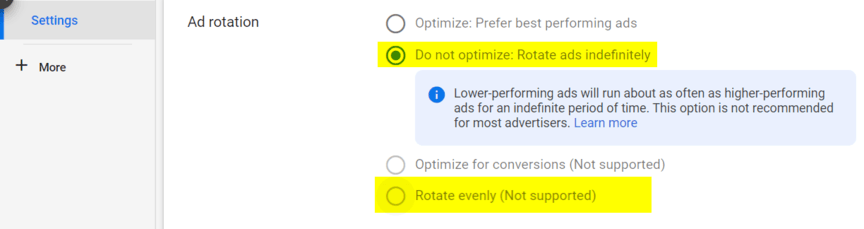 Google Ads campaign management ad rotation settings