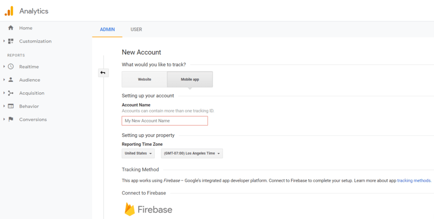 A screenshot of creating a Google Analytics account for a mobile app