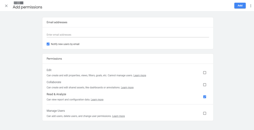 A screenshot of how to add a user to Google Analytics