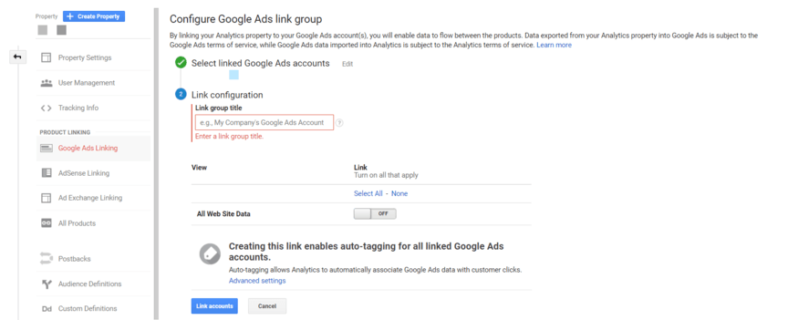 A screenshot of the configuration menu for linking Google Analytics and Google Ads