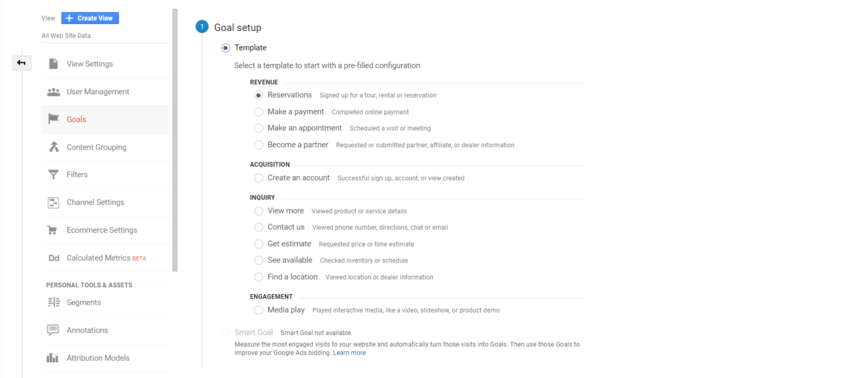 A screenshot of the setting up a goal in Google Analytics
