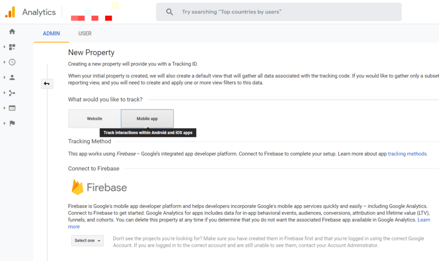 A screenshot of creating a mobile app property in Google Analytics
