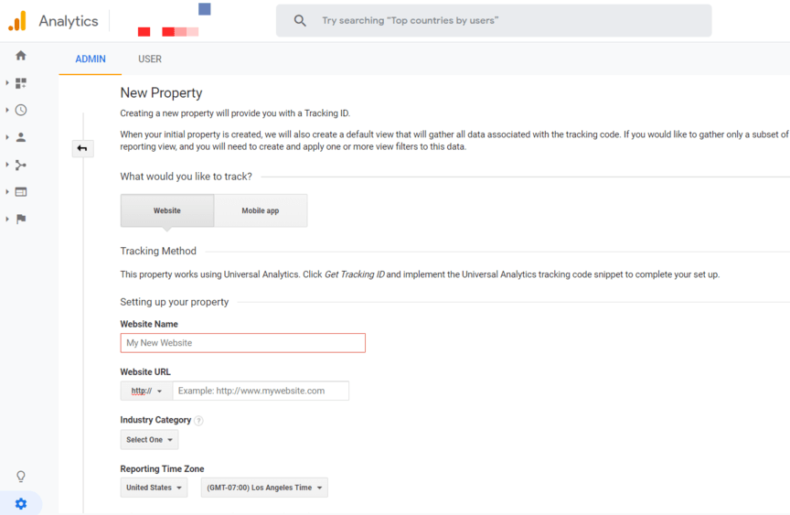 A screenshot of creating a website property in Google Analytics
