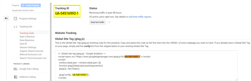 A screenshot of where to find the Google Analytics tracking ID