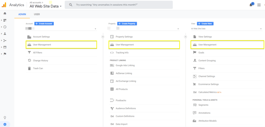 A screenshot of how to set user permissions in Google Analytics