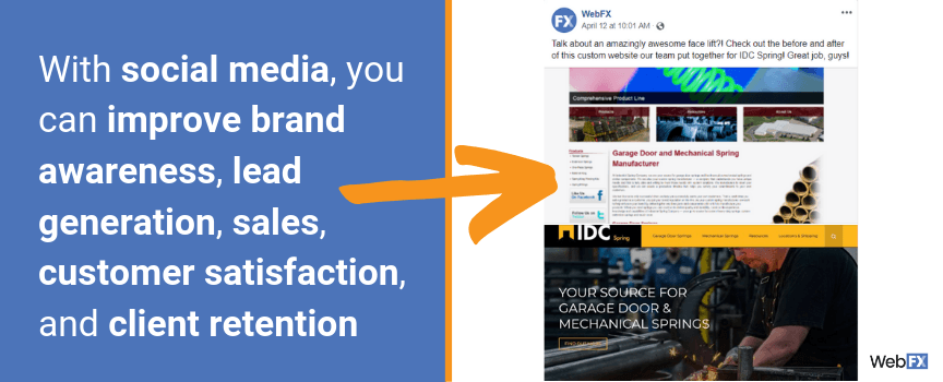 With social media, you can improve brand awareness, lead generation, sales, customer satisfaction, and client retention