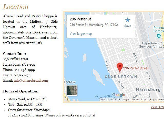 locatin map screenshot of alvaro's bread shop in harrisburg