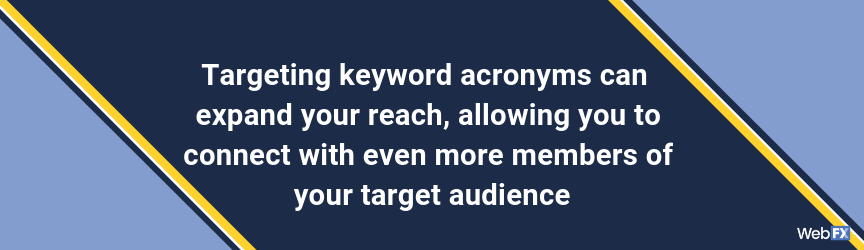 Targeting keyword acronyms can expand your reach, allowing you to connect with even more members of your target audience