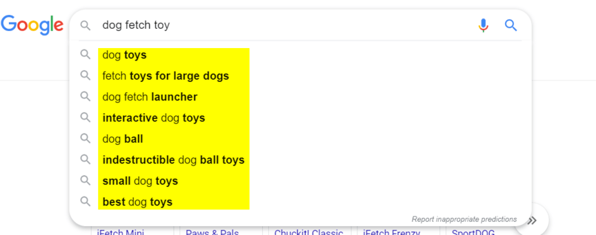 Search marketing keyword research example via Google autocomplete