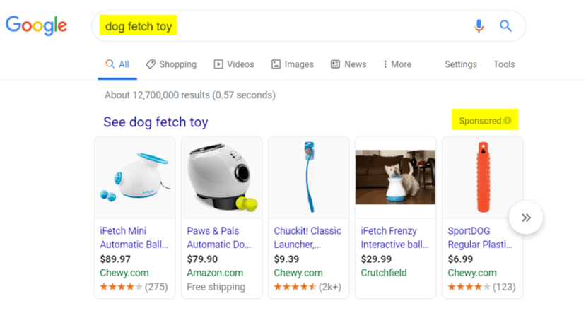 SEM keyword targeting example in Google Shopping ad