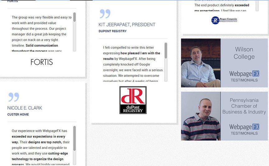 screenshot of webfx testimonials page
