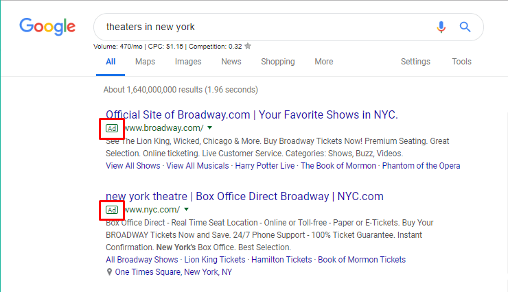 google search for theaters in nyc