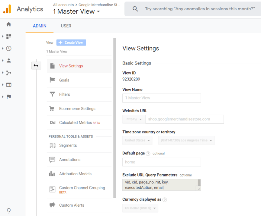 A screenshot of reporting view settings in Google Analytics