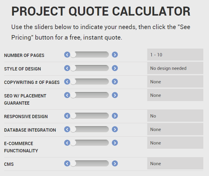 A screenshot of the WebFX web design quote calculator
