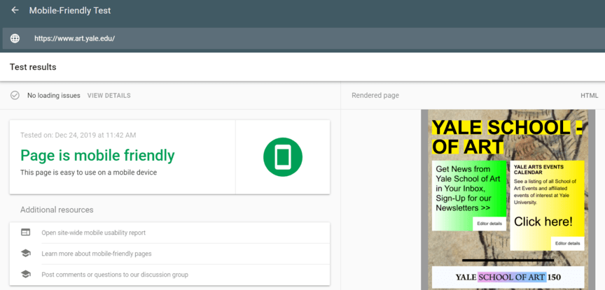 Mobile speed test example for website SEO