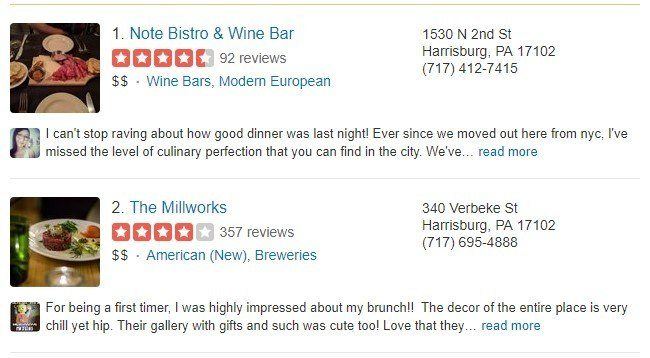 screenshot of yelp in harrisburg