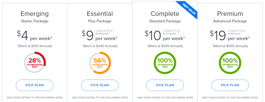 Screenshot Yext pricing
