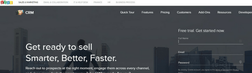 screenshot of zoho homepage