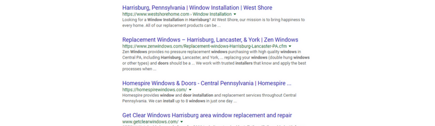 An example of organic search result rankings for the keyword harrisburg door and window installer