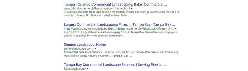 An example of organic search listings for the keyword commercial landscaping tampa fl