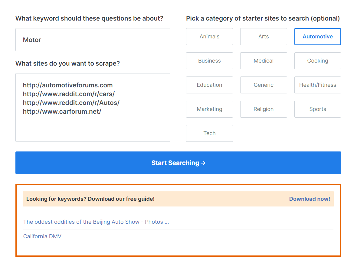 a screen that says what keyword should these questions be about and pick a category of starter sites to search
