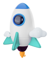 Cartoon-style rocket ship with a blue top, teal fins, and orange flames, featuring a window and clouds attached to its sides