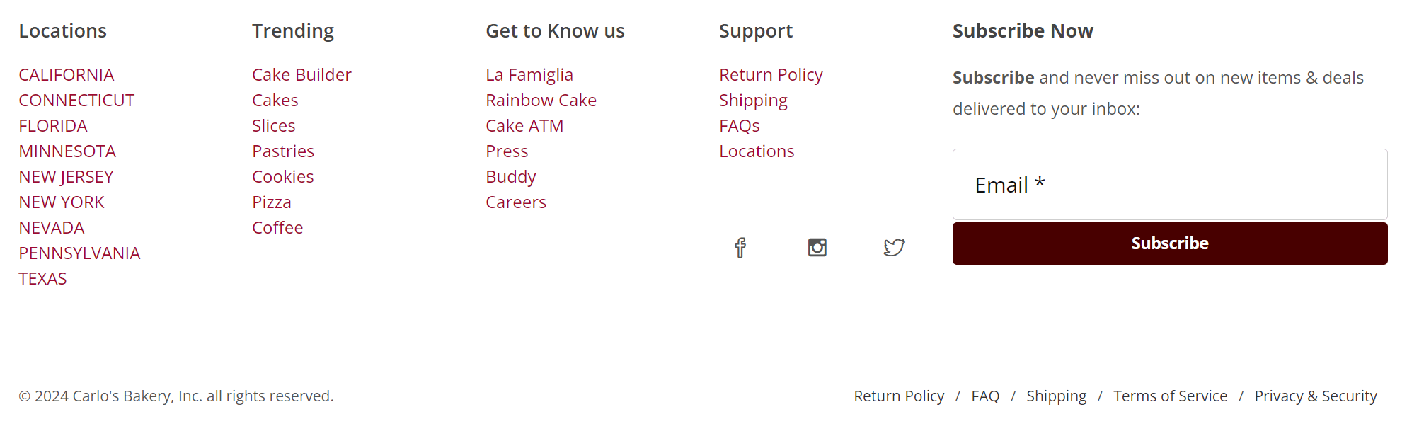Carlos bakery website footer