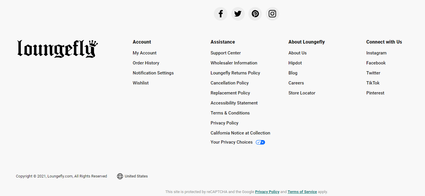 website footer on Loungefly's website