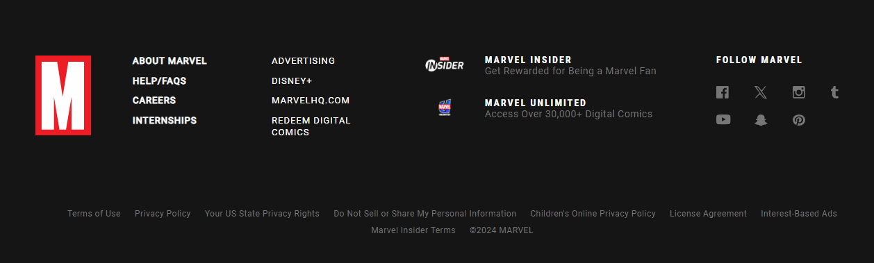 Marvel website footer