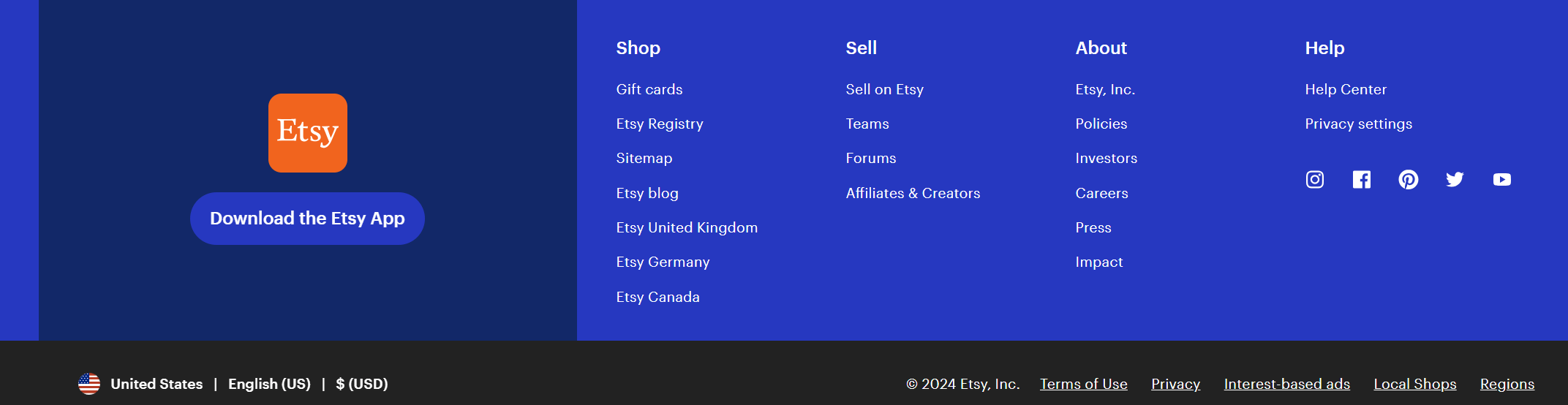 Website footer on Etsy's website