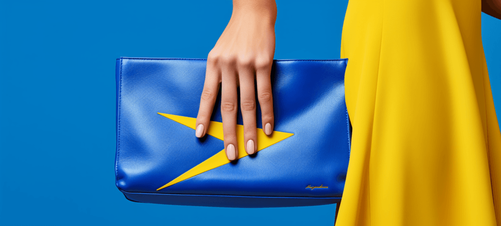 A hand with pale yellow nail polish holding a blue clutch purse with a yellow lightning bolt design, against a coordinating blue background, complementing the wearer's yellow dress.