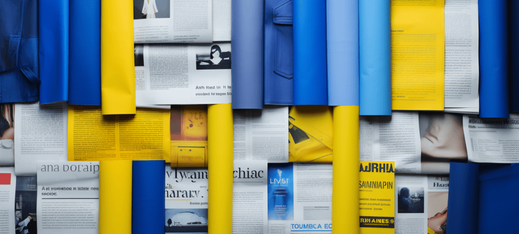 A collage of overlapping magazines with blue and yellow pages, featuring text and images in various languages.