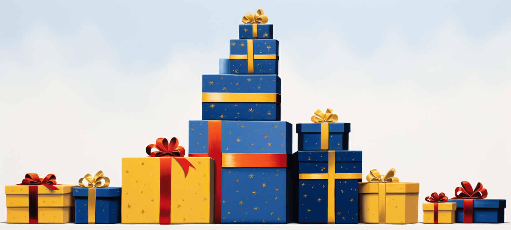 A pyramid of gift boxes in blue and yellow wrapping with golden stars and red and golden ribbons against a light blue background.