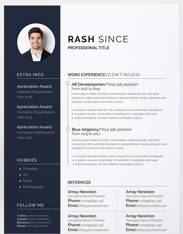 Example navy blue and light gray resume