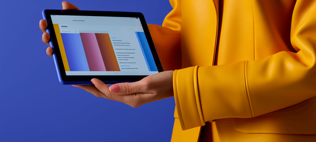 Person in a yellow blazer holding a tablet displaying a bar graph, against a blue background.