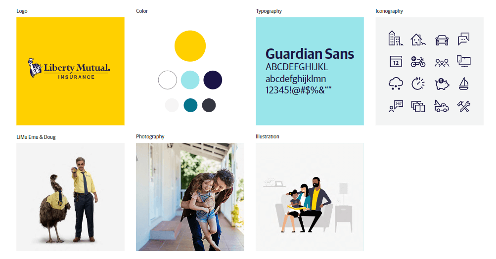 Layout of Liberty Mutual's style guide elements like their logo and colors