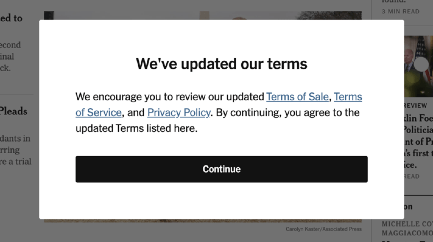 Screenshot of updated terms notification from the New York Times