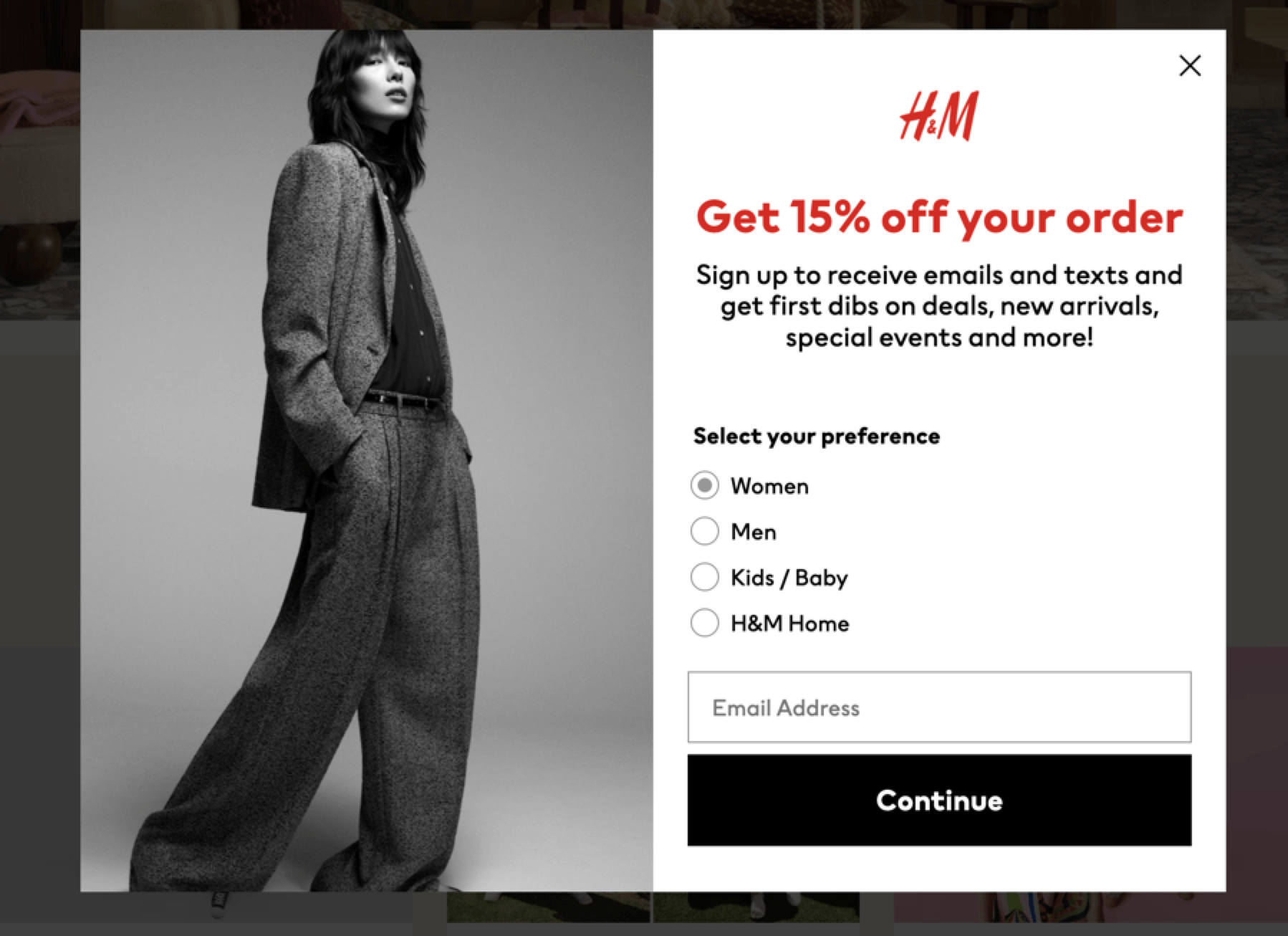 Screenshot of H&M email submission form